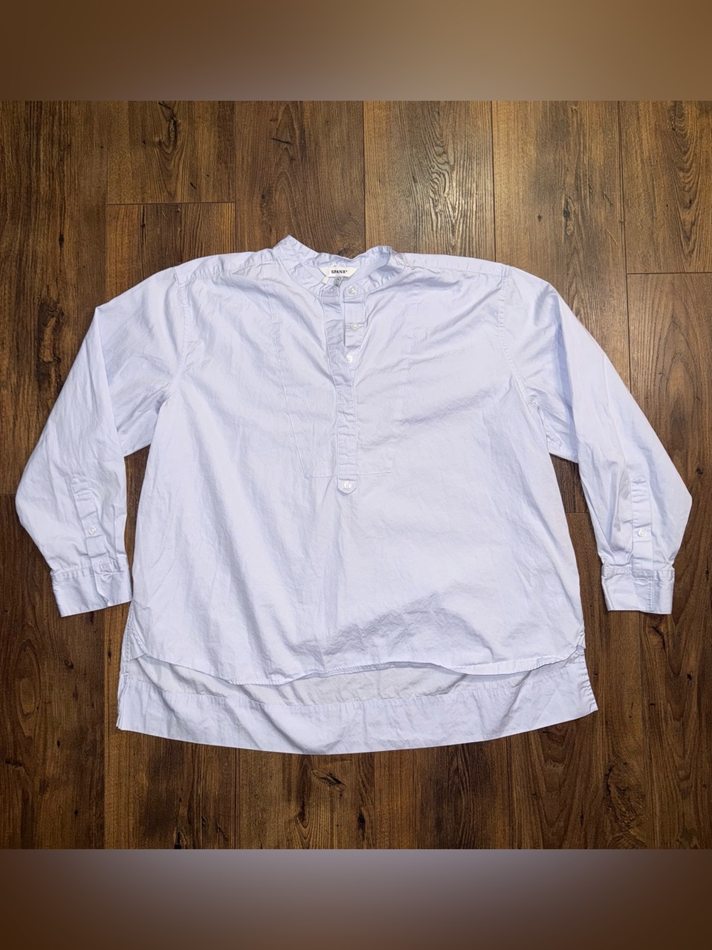 SPANX Women’s Light Blue Popover Blouse XL Long Sleeve Band Collar Tunic Top
